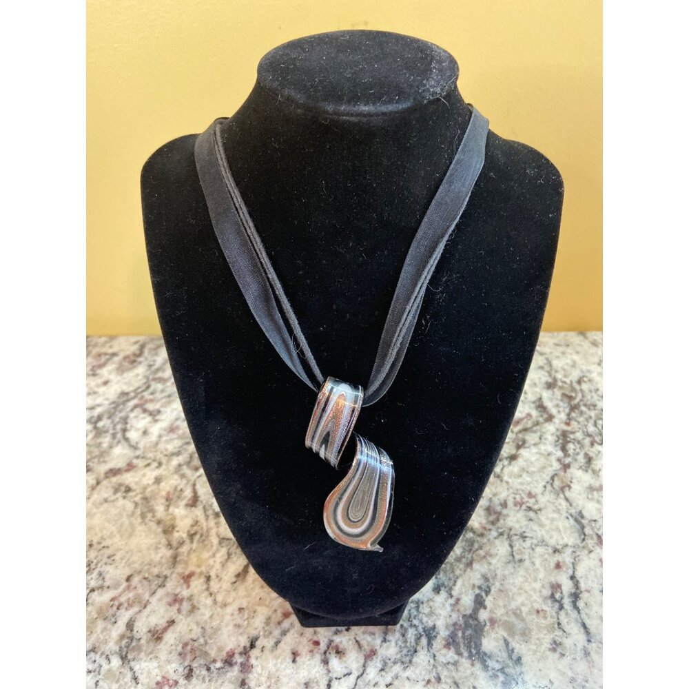 Murano Style Glass Pendant Necklace Black Copper Swirl Art Ribbon Statement Boho